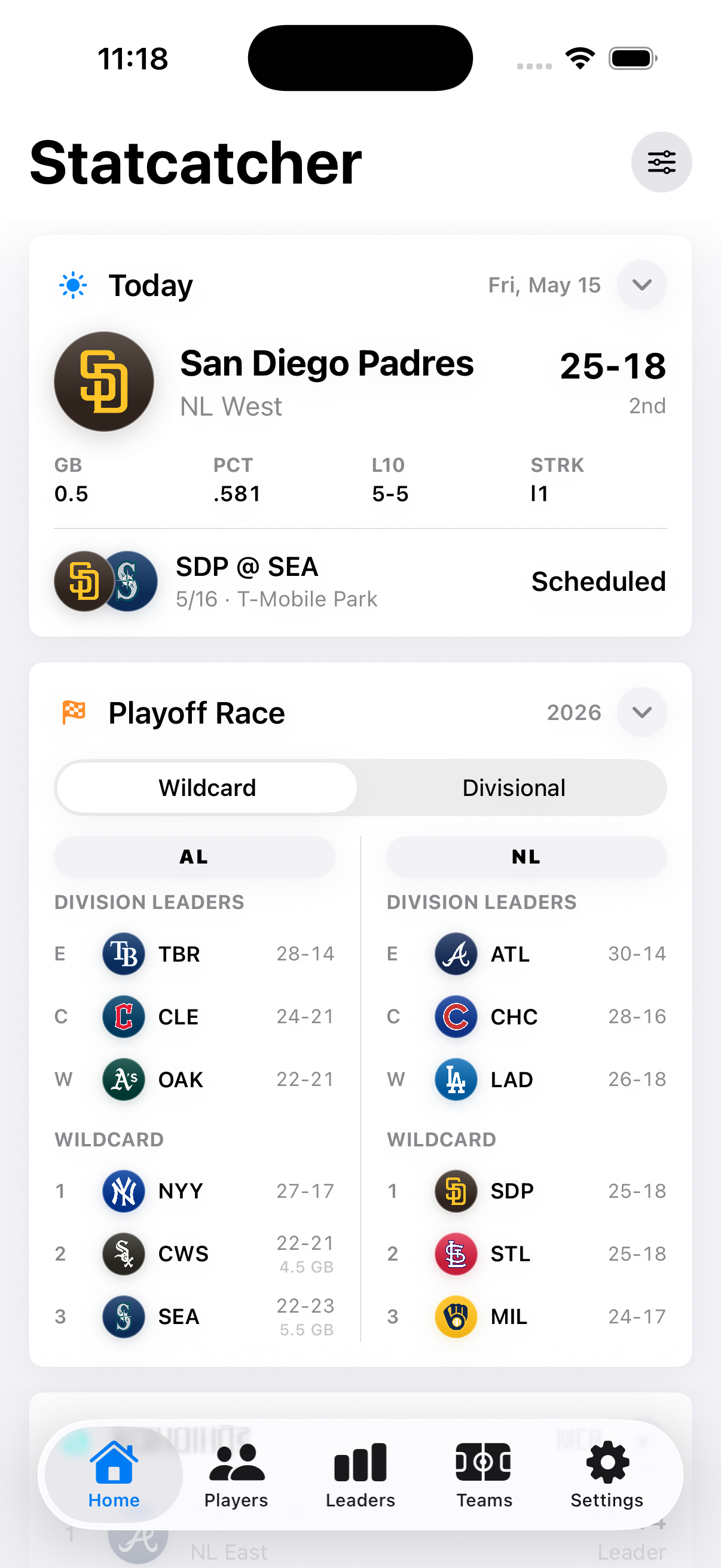 Statcatcher home dashboard showing today's team card and playoff race