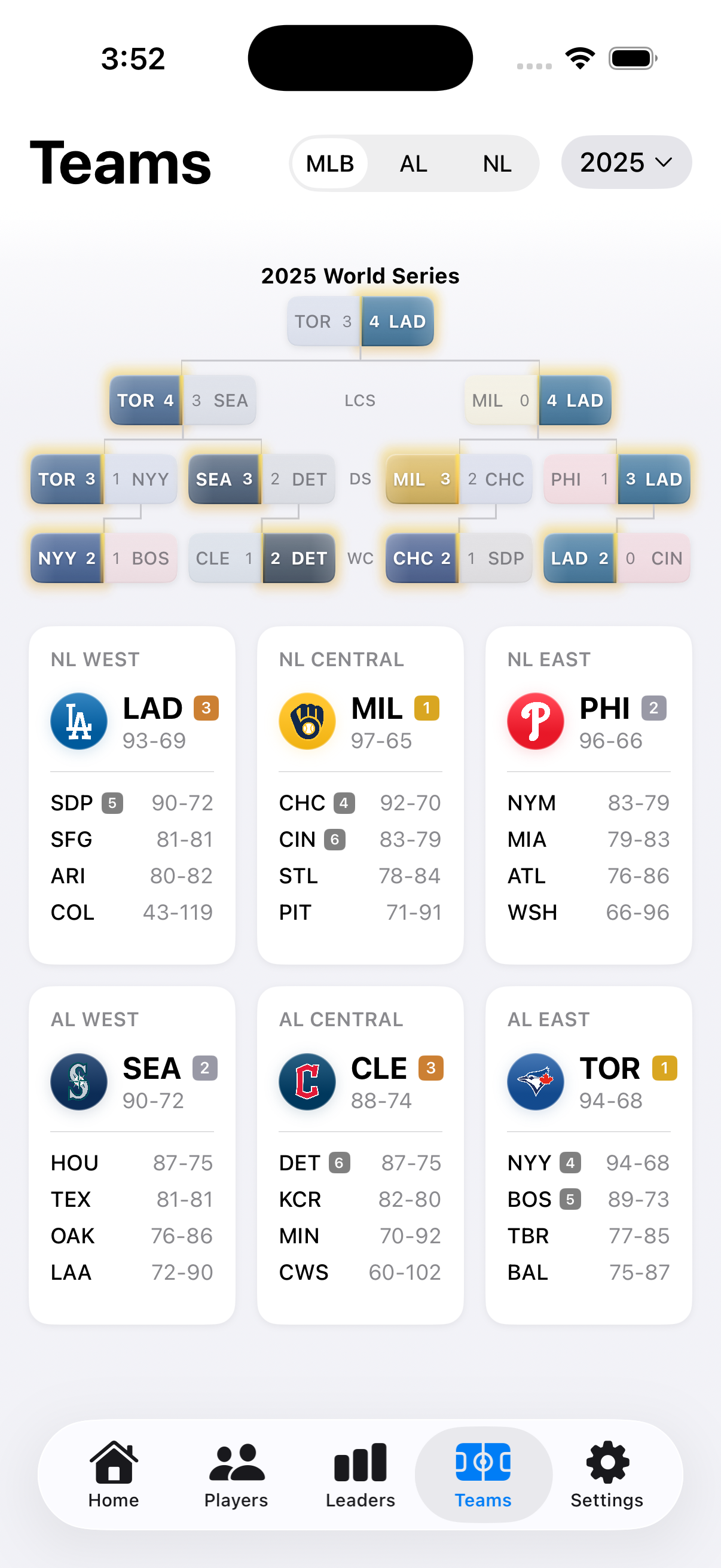 Statcatcher teams standings screen